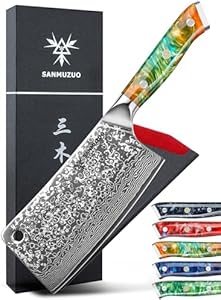 Chopping Knife - 7 inch Cleaver Knife- Xuan Series - VG10 Damascus Steel Kitchen Knife - Resin Handle (Fantasy Orange) SANMUZUO