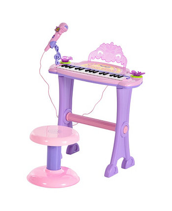 Kids Electronic Keyboard 32 Key Piano MP3 w/Microphone Stool Pink Qaba