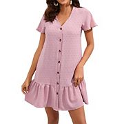 Womens Ruffled Hem Button Down Dress With Flared Sleeve Short Sleeve Tunnic Dress Summer Mini Dress Missky