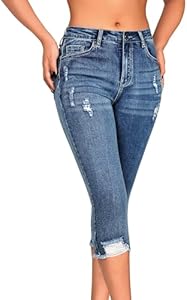 roswear Women's Capri Pants Mid Rise Skinny Ripped Stretchy Cropped Distressed Jeans Roswear