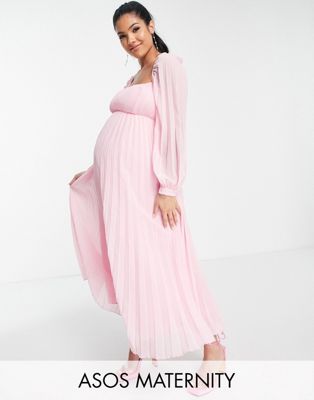 Нежно-розовое плиссированное платье миди с квадратным вырезом и плиссировкой ASOS DESIGN Maternity ASOS Maternity