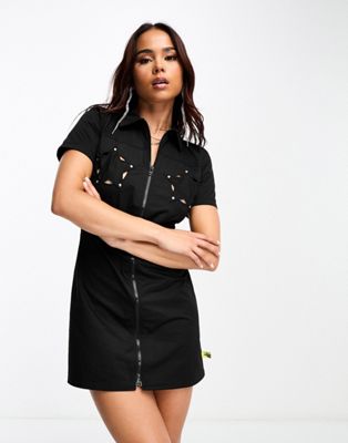 Черное платье-рубашка мини со звездами и вырезами Basic Pleasure Mode Basic Pleasure Mode