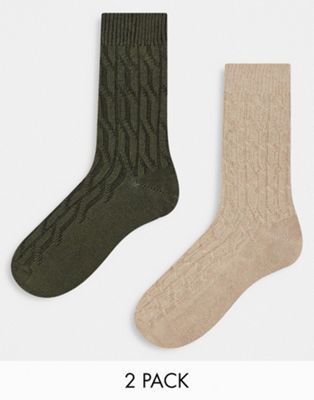 People Tree 2-pack cotton cable knit socks in cream and green People Tree