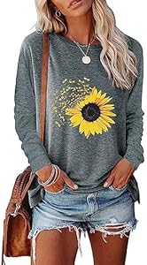 Women's Fall Sunflower T Shirt Cute Graphic Tees Casual Loose Long Sleeve Crew Neck Tunic Tops JNIFULI