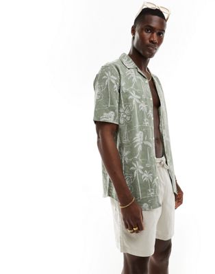 ONLY & SONS revere collar linen mix shirt in sage Hawaiian print Only & Sons