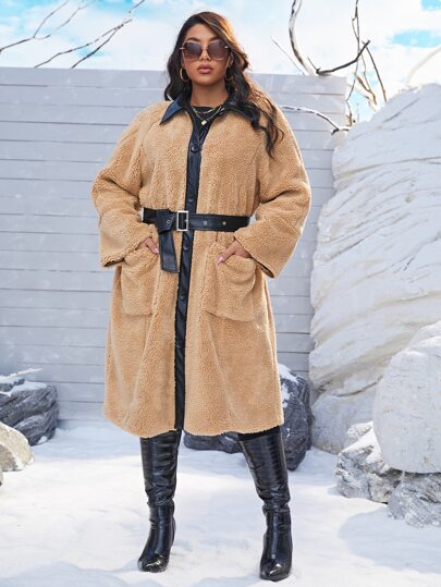 SHEIN размера плюс Плюшевое пальто с рукавом-реглан с карманом без пояса SHEIN
