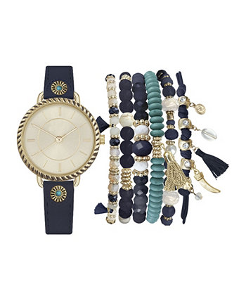 Женские аналоговые часы на темно-синем ремешке 32 мм с браслетами из золотых и бирюзовых бусин Jessica Carlyle