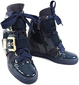 Baldinini Women's Navy Blue Wedge Sneaker Boots, Patent Leather & Suede, Gold Buckle Details Baldinini