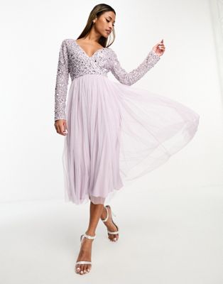 Сиреневое платье миди с длинными рукавами и декором Beauut Bridesmaid Beauut