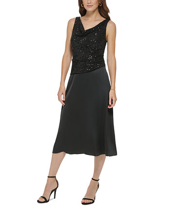 Женское атласное платье без рукавов с пайетками и воротником-хомутом DKNY