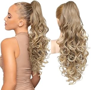 REECHO Ponytail Extension, 24" Claw Clip in Long Curly Wavy Ponytail Hair Extension Jaw Clip on Pony Tails Hairpiece for Women - Ash Brown with Platinum Highlights REECHO