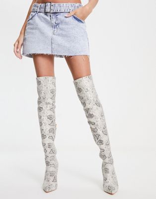 Simmi London Duke stiletto heel over the knee boots in off white snake print  SIMMI Shoes