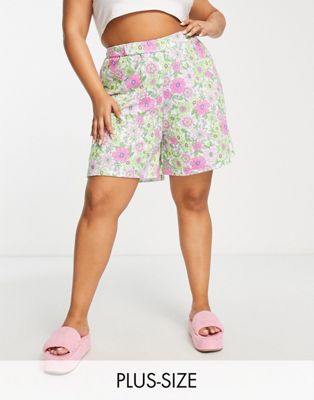Yours high waisted summer floral shorts in pink Yours