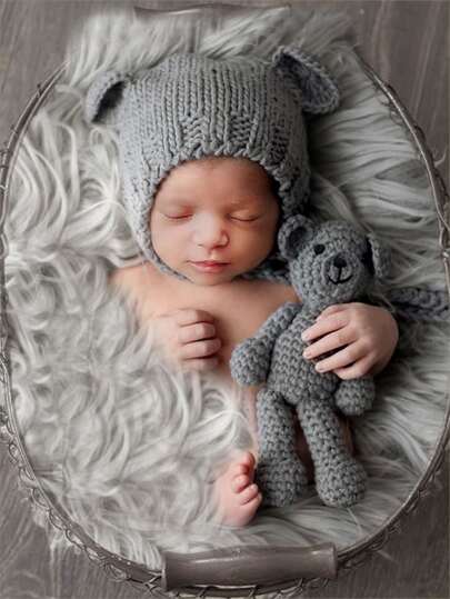 Вязаная шапка с ушками 3D и игрушка для фотографии новорожденных SHEIN