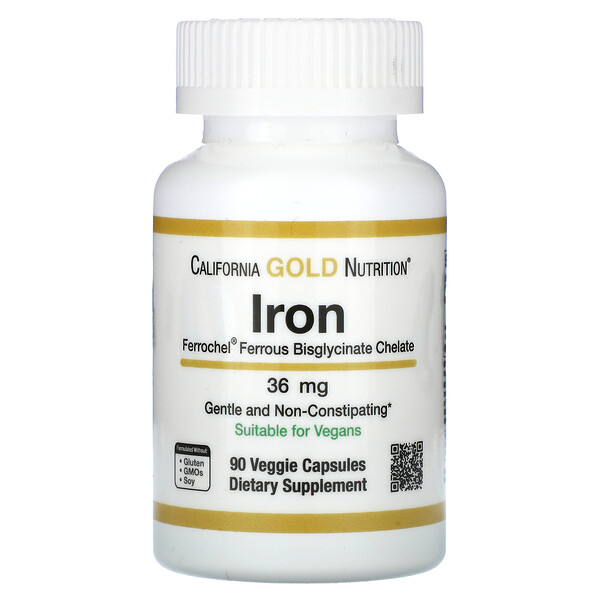 Ferrochel Iron (бисглицинат), 36 мг, 90 растительных капсул California Gold Nutrition