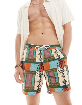 ASOS DESIGN swim shorts in mid length in bright patchwork print ASOS DESIGN