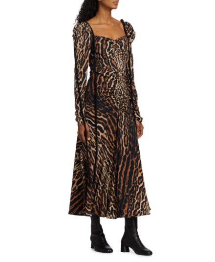 Присборенное платье миди из крепдешина с леопардовым принтом Proenza Schouler