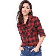 Women's Check Print Roll Up Sleeves Flap Pockets Brushed Shirt Allegra K