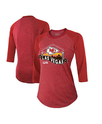 Женская красная футболка Kansas City Chiefs Super Bowl LVIII Vegas реглан с рукавами 3/4, футболка Tri-Blend Majestic