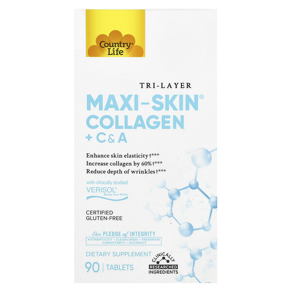 Tri Layer Maxi-Skin Collagen + C & A, 90 таблеток Country Life