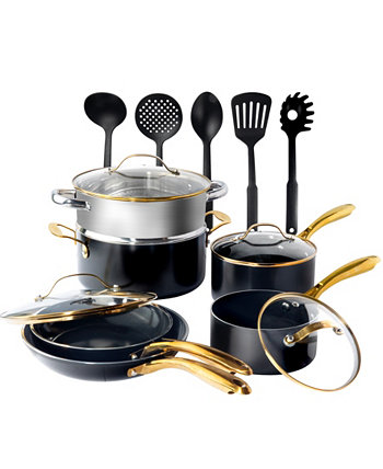 Natural Collection Ceramic Coating Non-Stick 15-Piece Cookware Set with Gold-Tone Handles Gotham Steel