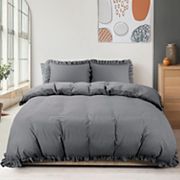 110GSM Ruffle Fringe Brushed 3 Pieces Soft Duvet Cover Setswith Corner Ties Queen PiccoCasa