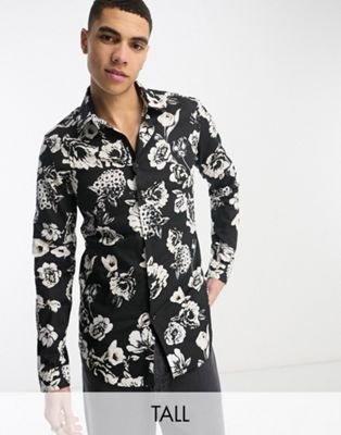 Черно-белая приталенная рубашка с длинными рукавами и цветочным принтом Devils Advocate Tall Devils Advocate