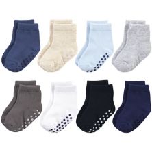Touched by Nature Baby and Toddler Boy Organic Cotton Socks with Non-Skid Gripper for Fall Resistance, Solid Black Blue Touched by Nature