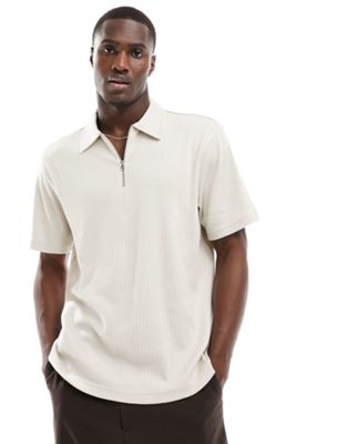 Another Influence textured jersey zip polo in light stone Another Influence