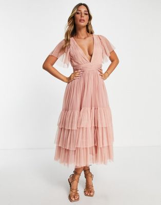 Розовое платье из тюля с v-образным вырезом Lace & Beads Bridesmaid Madison LACE & BEADS