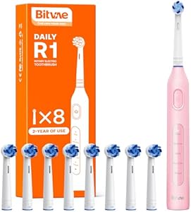 Bitvae R1 Rotating Electric Toothbrush with 8 Brush Heads for Adults and Kids, 60-Day Battery Life, 5 Modes Rechargeable Power Toothbrush with 2-Minute Smart Timer, Black Bitvae