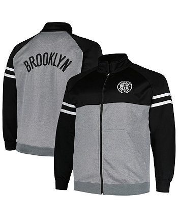 Мужская спортивная куртка Brooklyn Nets черного, серо-хизерового цвета с большой и высокой полоской и молнией во всю длину реглан Fanatics