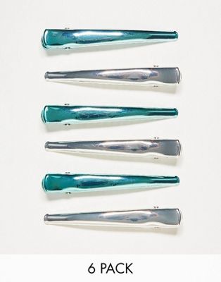 Monki 6 pack hair clips in turquoise and silver metallic Monki