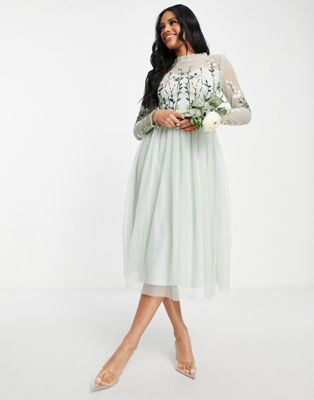 Frock and Frill Bridesmaid maxi dress with pleated skirt and embroidered top in sage Frock and Frill