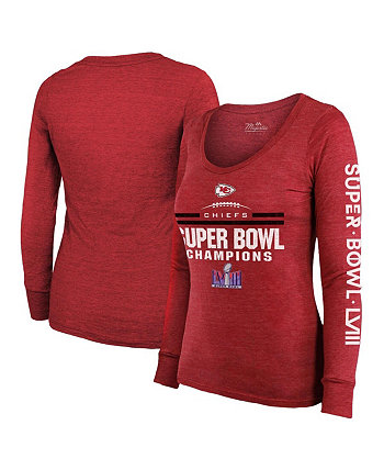 Женская красная футболка Kansas City Chiefs Super Bowl LVIII Champions Goal Line с круглым вырезом и длинными рукавами, трехслойная футболка Majestic