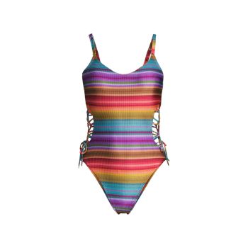 Ines Striped Lace-Up One-Piece Swimsuit Robin Piccone