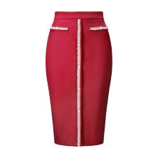Women's Pencil Skirt High Waist Tweed Trim Work Bodycon Midi Skirts Hombety