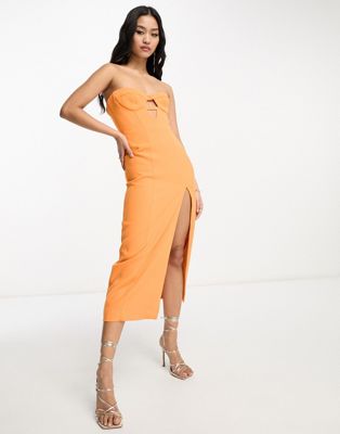 Оранжевое платье миди-бандо с разрезом Bardot Brisa Bardot