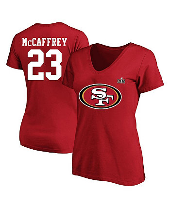 Женская футболка Christian McCaffrey Scarlet San Francisco 49ers Super Bowl LVIII размера плюс с именем и номером игрока с v-образным вырезом Fanatics