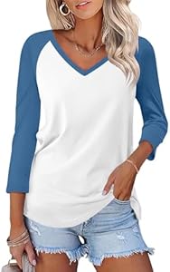 Minetom Women's V Neck 3/4 Sleeve T Shirt Solid/Color Block Casual Basic Tops Summer Tees Minetom