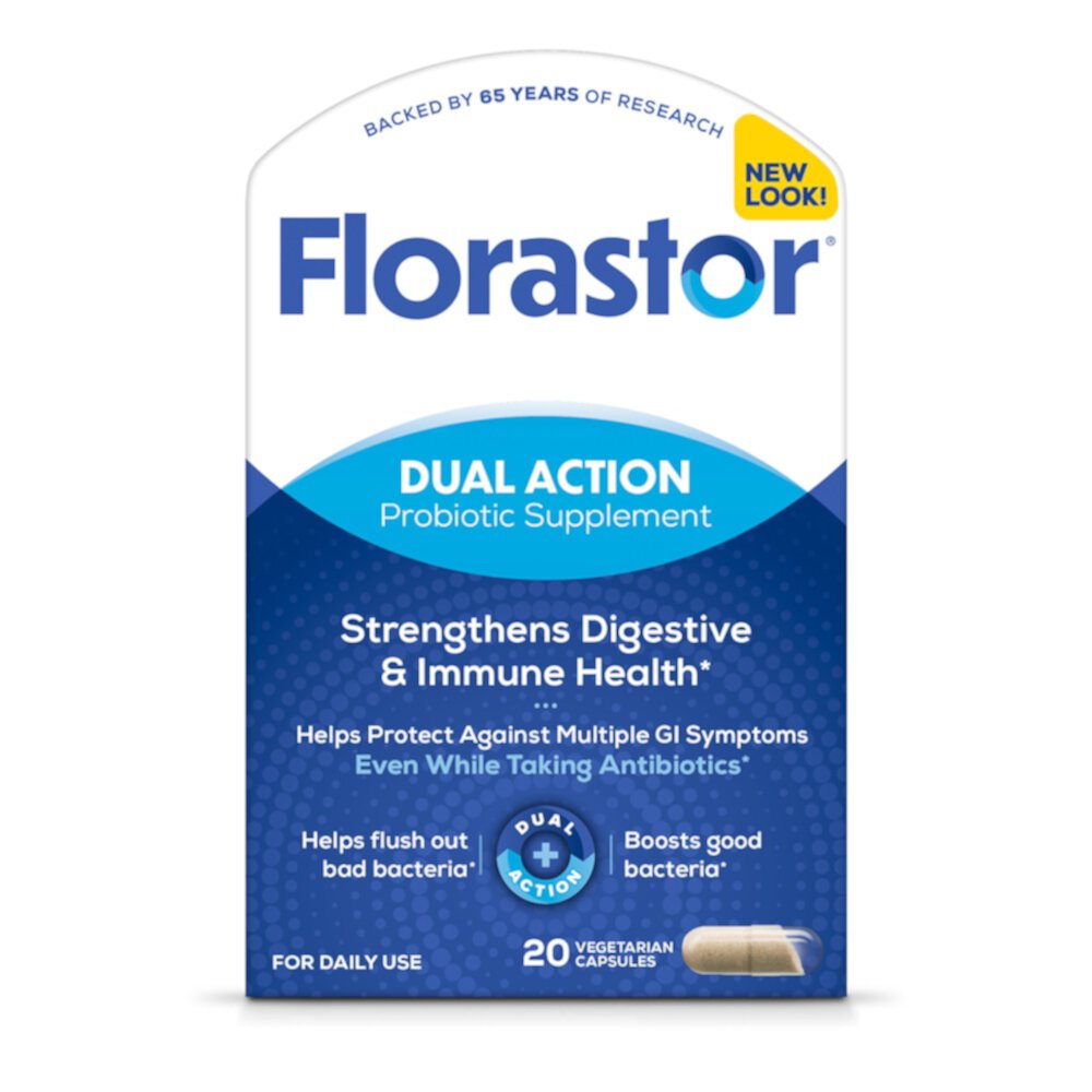 Пробиотик двойного действия, 20 вегетарианских капсул Florastor