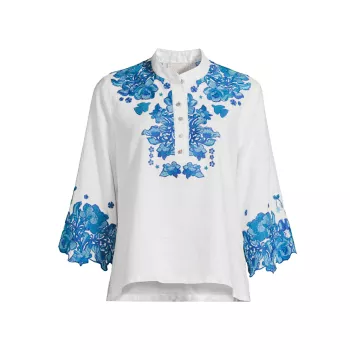 Elly Embroidered Linen Blouse Johnny Was