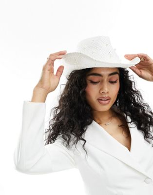 South Beach pearl embellished cowboy hat with pearl veil in natural  SOUTH BEACH