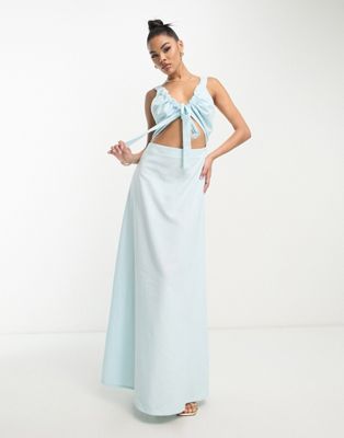 Something New x Klara Hellqvist linen touch cut out maxi dress in pale blue Something New
