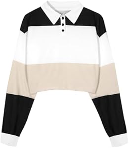 LovelyWholesale Women Striped Cropped Sweatshirts Polo Collar Long Sleeve Crop Tops LovelyWholesale