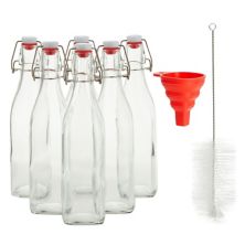 6 Pack 16 Oz Glass Bottles With Swing Top Lids, Brush, And Funnel (square Base) Juvale