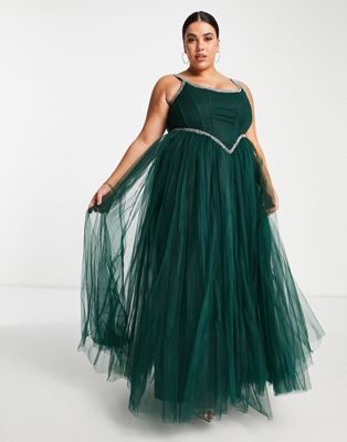 Lace & Beads Plus Exclusive corset embellished maxi dress in emerald green Lace & Beads Plus