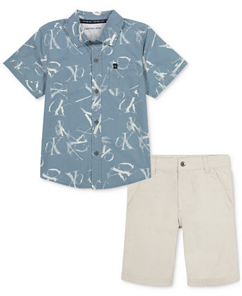 Little Boy Plaid Poplin Button-Front Shirt Twill Shorts Set Calvin Klein