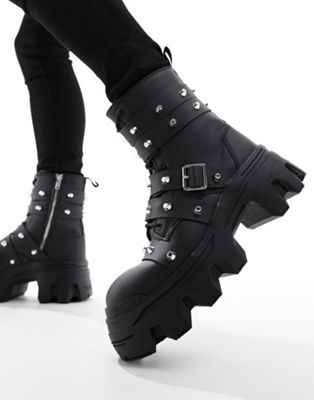 Черные ботинки из искусственной кожи со шнуровкой, массивной подошвой и ремешком с заклепками ASOS DESIGN ASOS DESIGN