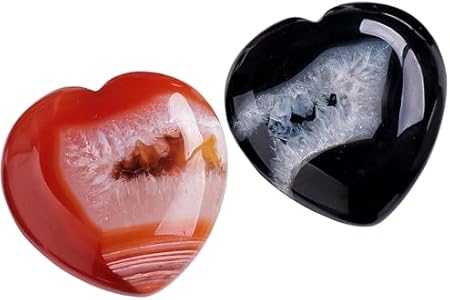 Runyangshi 2pcs Natural Crystal Agate Heart Shaped Thumb Pocket Stone Relieve Stress Anxiety Worry Reiki Healing Crystal Stone Cute Crystal Decoration Home Decor Gift (Red Agate + Black Agate) Runyangshi